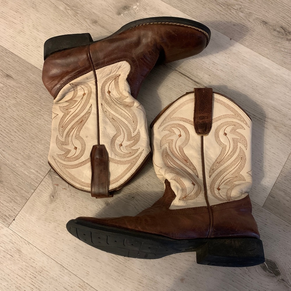 Rank 45 Kids Brown Cream Leather Western Cowboy Boots Square‎ Toe